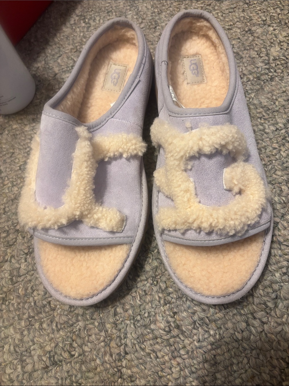UGG light Lavender/light blue Suede Shearling Slide Mules with Cream Trim